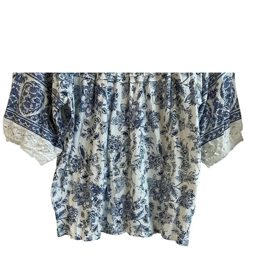 SUNDANCE WOMENS TOP SZ MEDIUM LACE DETAIL RUFFLED  COTTON BLEND WHITE BLUE BOHO - Picture 8 of 11
